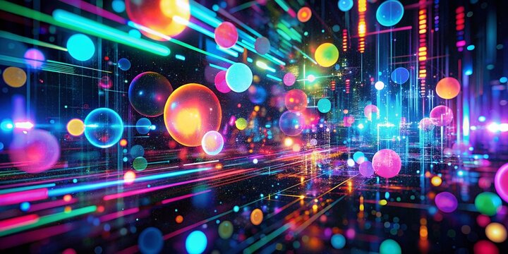 Loading Glitch Effect with Bokeh Lights on Black Background, Digital Distortion, Abstract Animation, Neon Glowing Circles, Vivid Color Patterns, Futuristic Technology, Visual Noise, Cyber Aesthetic