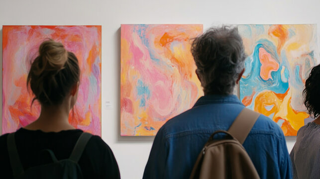 Visitors admire abstract paintings in an art gallery, immersing themselves in the beauty of modern art.