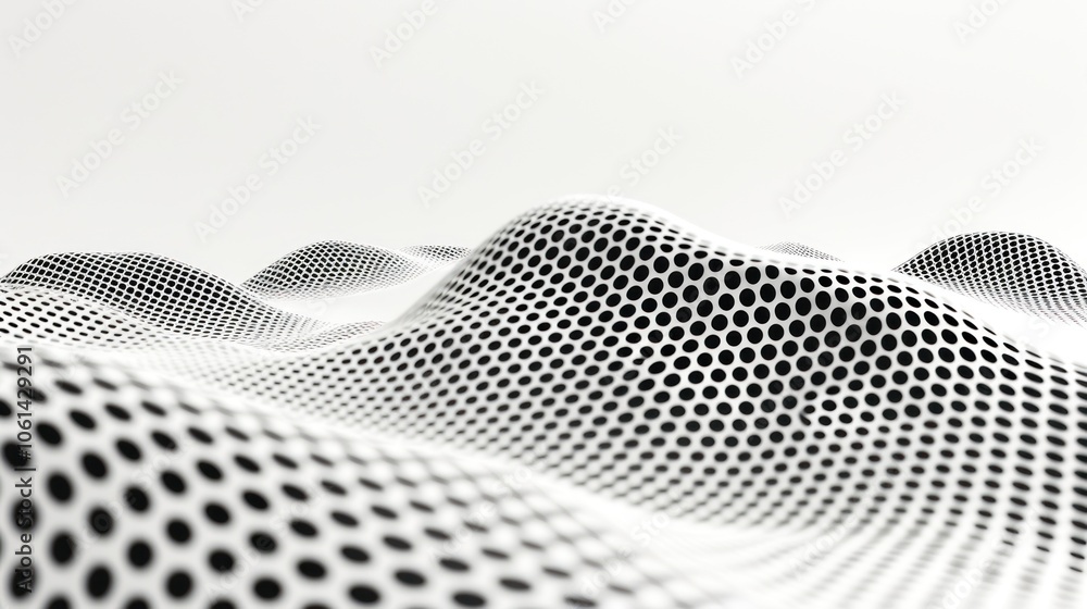 Poster abstract representation of flowing waves with a dotted pattern in monochrome tones.