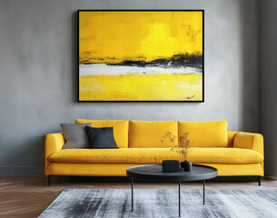 A modern living room with an oversized yellow sofa, a sleek black coffee table, and large framed art on the wall