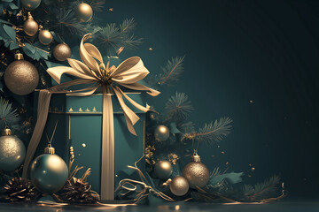 A luxurious dark green gift box, tied with a golden bow, sits in the center of the image, creating a festive Christmas card backdrop.