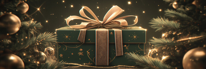  An elegant black festive backdrop, adorned with a dark green gift box and delicate golden holiday accents, creating a luxurious feel. Banner.