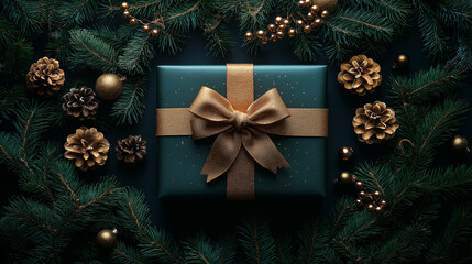 The branches of a Christmas tree frame a black backdrop, with a gift box tied with a golden bow placed in the center.