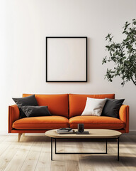 Modern interior design, a living room with white walls and an orange sofa, Scandinavian-style furniture, a minimalistic black-framed painting on the wall