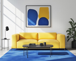 Minimalist interior design a living room with a blue carpet and a yellow sofa, white walls