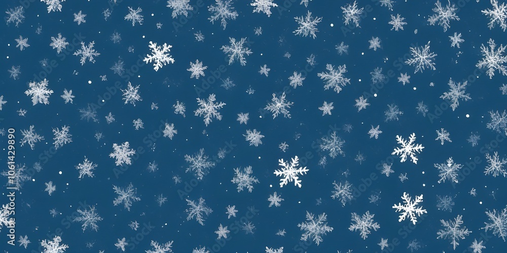 Wall mural Seamless pattern of white snowflakes and dots on blue background. Christmas Or New Year texture for print, wrapping paper, fabric, decor, background. Winter and holiday-themed design. 