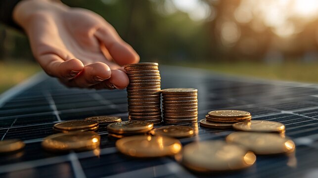 Solar Energy Cost Savings Concept with Hand Holding Coins and Solar Panels Against Clear Blue Sky