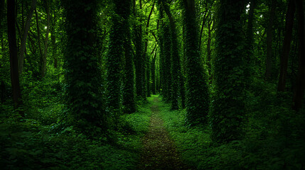 Obraz premium A haunted forest with vines of poisonous ivy creeping up trees.