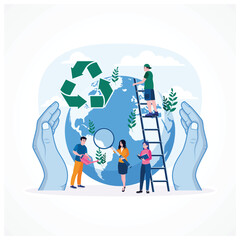A group of people save planet Earth. Environmental protection, renewable energy. Earth Day concept. Flat vector illustration.