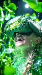 A young girl wearing VR glasses smiles and looks at the screen of her virtual reality device, which shows an outdoor scene with green plants in the background. 