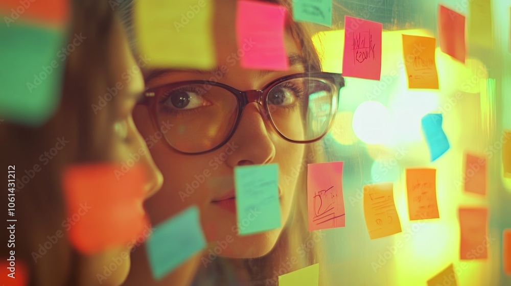 Aufkleber A thoughtful person gazes through a colorful array of sticky notes, reflecting on ideas.