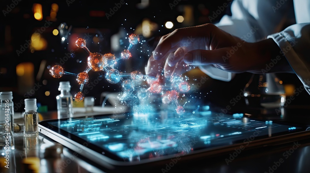 Poster a scientist interacting with a digital molecular model on a tablet