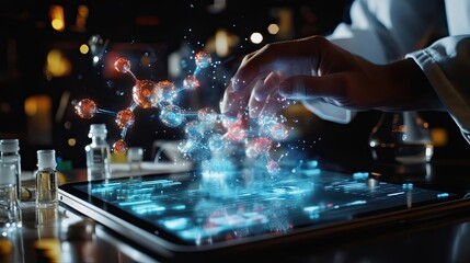 A scientist interacting with a digital molecular model on a tablet