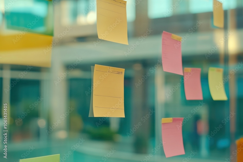 Aufkleber a collection of colorful sticky notes on a glass surface in a collaborative workspace.