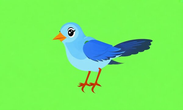 Blue cartoon bird with orange beak and red legs on a green background.