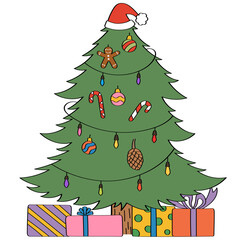 Christmas tree decoration or pine tree with a gift box and ornament