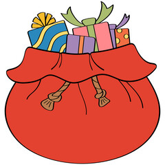 Gift bags or drawstring bags containing presents of santa claus filled outline