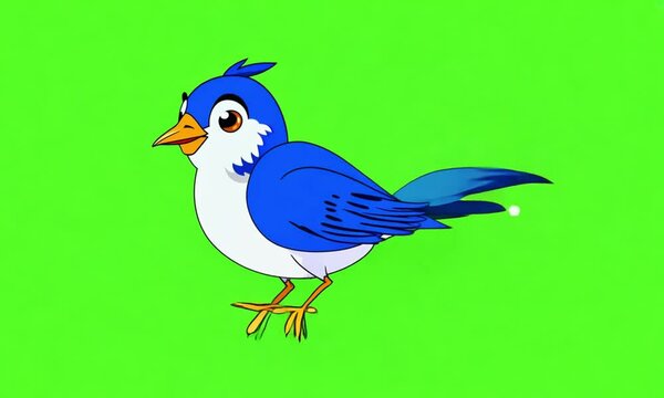 Cartoon blue bird with white belly on a green screen.