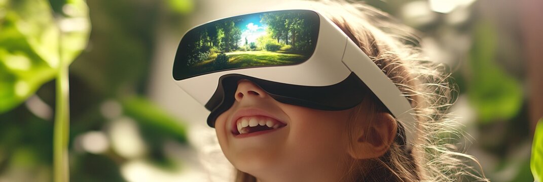 A young girl wearing VR glasses smiles and looks at the screen of her virtual reality device, which shows an outdoor scene with green plants in the background. 