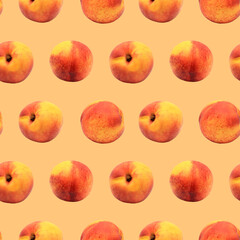Nectarine seamless pattern for design. Juicy fresh whole fruit. Summer print wallpaper. Top and side view