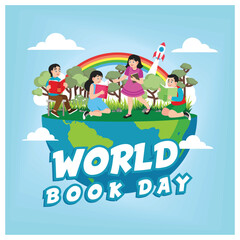 Fototapeta premium Children reading books outdoors. Reading books increases insight and knowledge. Happy Book Day concept. Flat vector illustration.