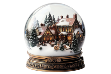 A beautifully crafted snow globe featuring a cozy winter scene with a charming house and snow-covered trees.