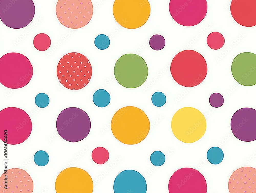 Poster a colorful pattern featuring various sized circles on a white background.