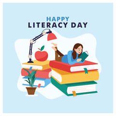 A woman is reading a book. Stack of books with study lamp. Happy Literacy Day concept. Flat vector illustration.