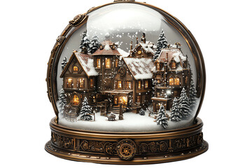 A detailed snow globe featuring a charming winter village with illuminated houses and snowy trees, perfect for holiday decor.