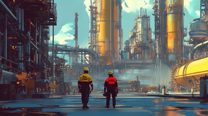 Fototapeta premium Dynamic Maintenance Technicians in Safety Gear: A Vibrant Poster Perfect for Industrial Spaces, Showcasing the Energy of Chemical Processing Facilities