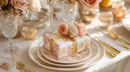 Elegant and Luxurious Tabletop Setting with Gift Box and Flowers