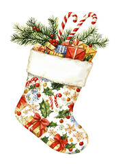 A festive Christmas stocking filled with gifts, candy canes, and greenery, perfect for holiday decorations.