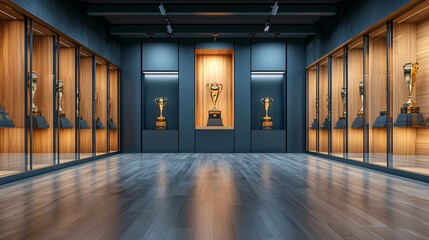Trophy Room with Glass Cases and Wooden Floor.