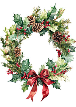A festive Christmas wreath adorned with pinecones, holly, and a red bow, perfect for holiday decoration.