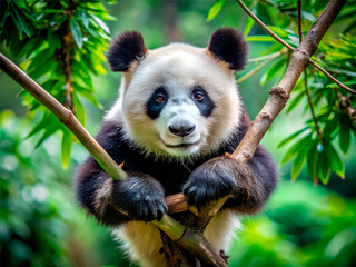 Obraz premium Panda hanging from the branches in tropical forest close up portrait.