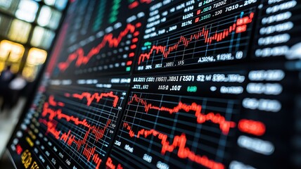 Fototapeta premium A close-up view of a financial trading screen displaying stock market data with red and green graphs representing fluctuations and trends in various stocks.