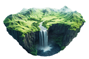 A stunning waterfall cascading into a lush green valley, surrounded by majestic mountains and vibrant nature.