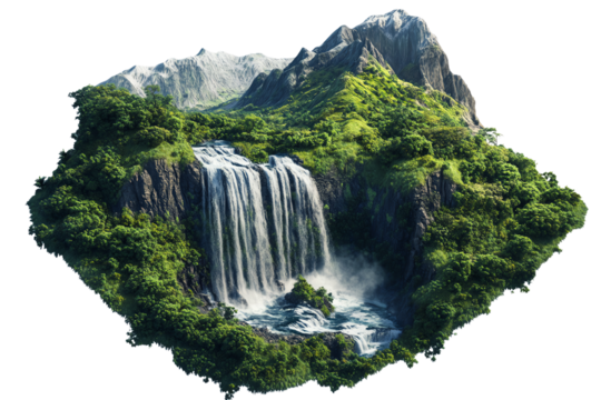 A stunning natural waterfall cascading down lush green mountains in a serene landscape.