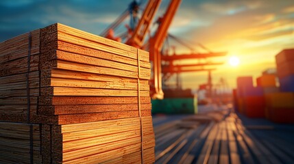 Stacked Wood Planks at Sunset with Cargo Cranes in the Background.