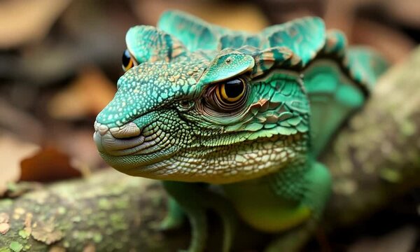 Close-up of a green lizard with a sharp eye.
