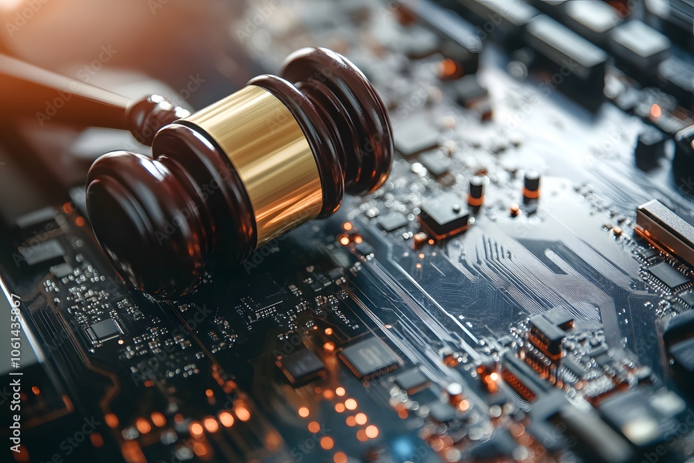 Poster a gavel resting on a circuit board, symbolizing the intersection of law and technology.
