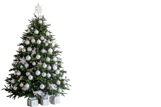 Beautifully decorated Christmas tree with white ornaments and gifts, perfect for holiday celebrations.