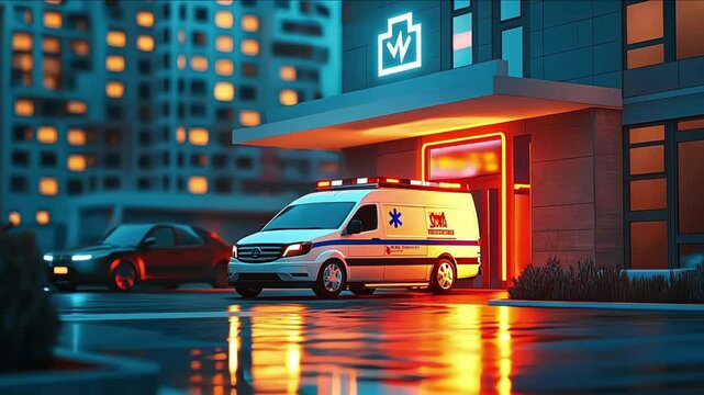 Ambulance front parked in front of a hospital emergency entrance, lights still flashing, doors ready to open