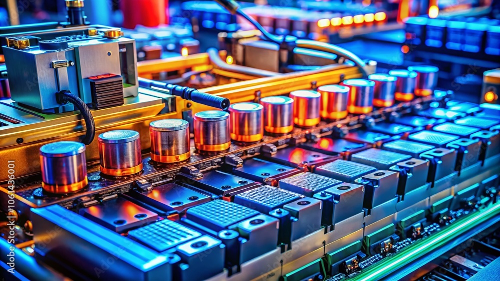Poster macro photography of battery manufacturing process: close-up of worker tools and components in high-