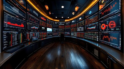 A modern control room with multiple screens displaying various data and graphics, showcasing the latest technology in monitoring and analysis.