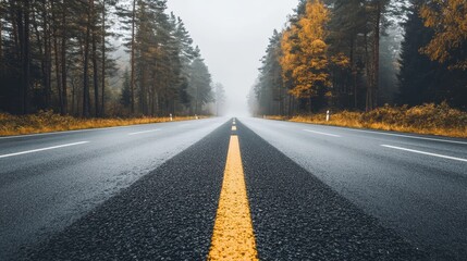 Autumn Road Through the Misty Forest