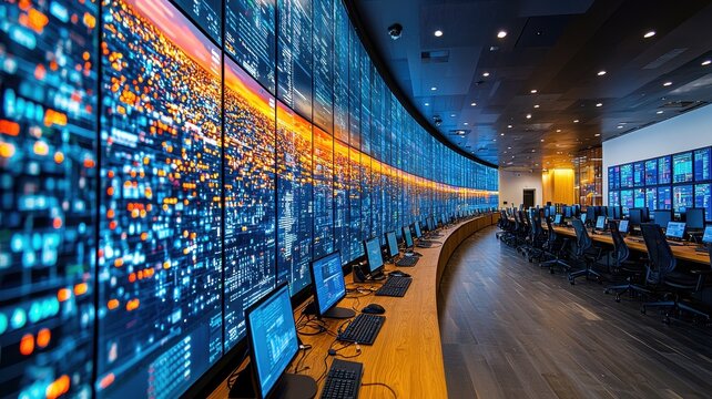 A modern command center featuring multiple large screens displaying data, with sleek workstations and a high-tech environment that emphasizes innovation and efficiency.