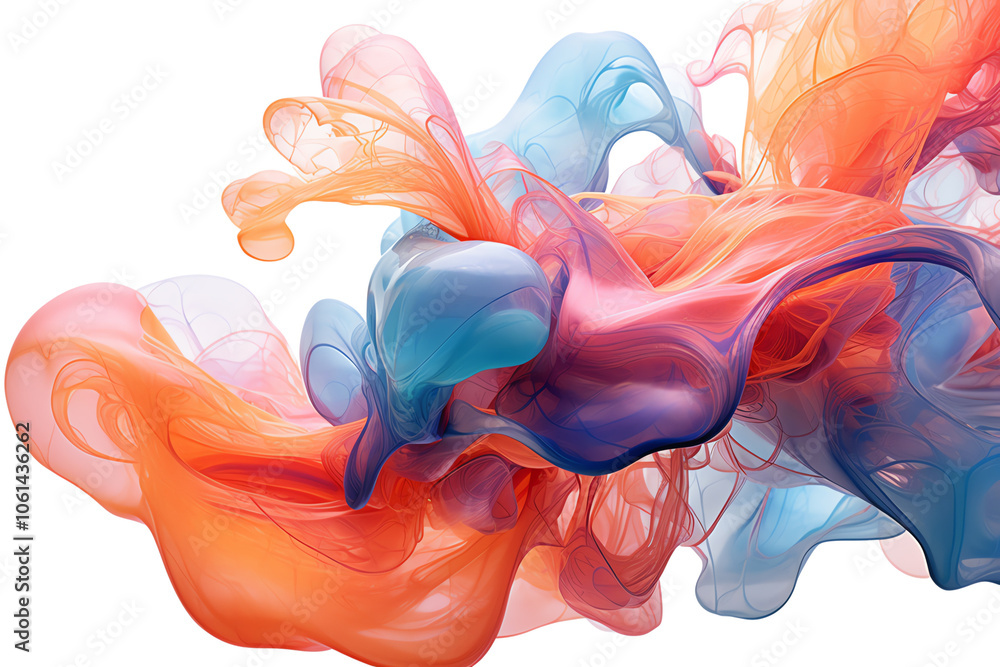 Poster colorful abstract swirls blend in vibrant hues, creating a dynamic visual effect on a white isolated