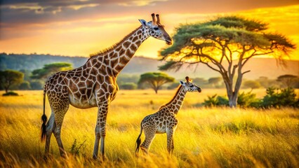 Macro Photography of Giraffe Mother and Calf in African Savanna, Capturing Wildlife Interaction in Natural Habitat