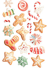 Colorful assortment of festive holiday cookies and candies on a white background.